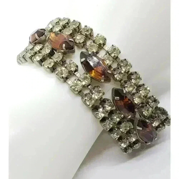 Vintage Bracelet Rhinestone Chunky Wide Wedding Jewelry Juliana Brown Clear - Picture 2 of 9